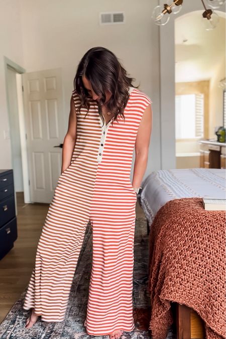 Striped Wide Leg Jumpsuit from Amazon.

Perfect summer lounge or travel outfit.
Short girl friendly. 
I’m 5’2” and wearing an XS.