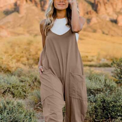 Women's Casual Jumpsuit Laid-Back Loose Fit Spaghetti Strap Black Jumpsuit With Wide Legs Pockets Sleeveless Design Lightweight Soft Fabric For Everyd | SHEIN