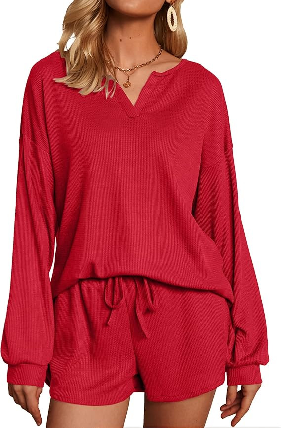 Ekouaer Womens Waffle Knit Pajamas Lounge Set Long Sleeve Top and Shorts 2 Piece Loungewear with ... | Amazon (US)