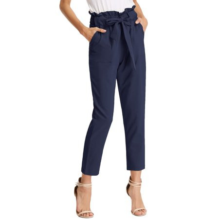 Women s Paper Bag Waist Cropped Pants Self-tie Belted Pencil Pants with Pocket | Walmart (US)