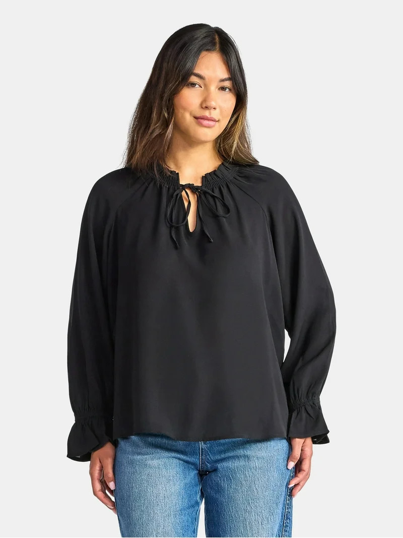 Time and Tru Women's Ruffle Neck Blouse with Long Sleeves, Size XS – XXXL | Walmart (US)