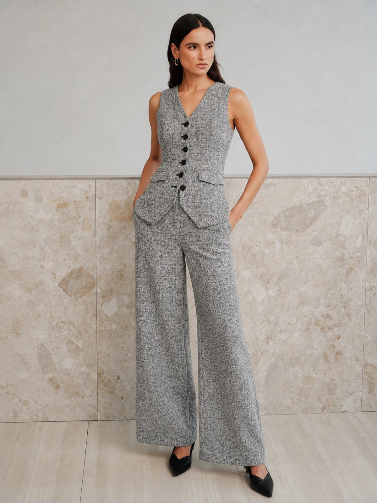 Sleeveless Button Front Tweed Two\u2011Piece Outfit | Commense