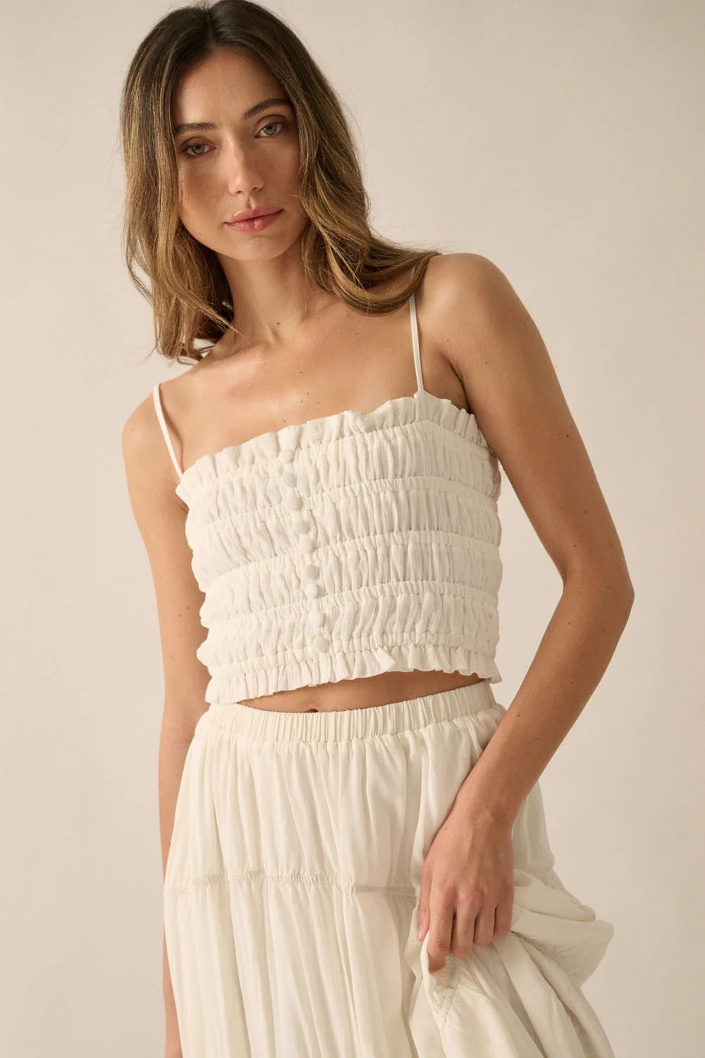 Off White Solid Smocked-Bodice Cropped Cami Top | PinkBlush Maternity