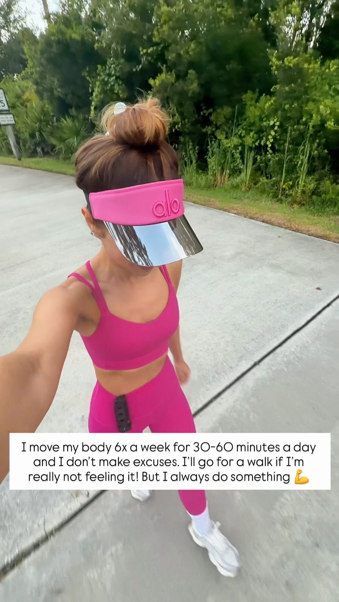My workout outfit of the day! Matching workout set. Lululemon align leggings 23” in size 0. Lululemon longline sports bra in size 4. Sneakers are TTS. Walking outfit. Alo visor. 

#LTKTravel #LTKActive #LTKdayinmylife