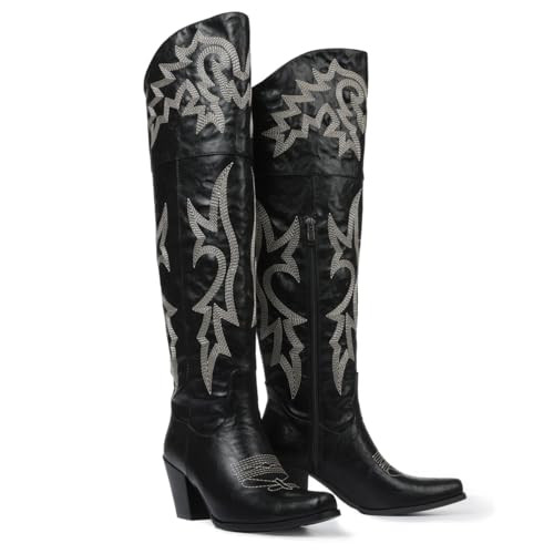 Eteridrey Thigh High Cowboy Boots for Women Pointed Toe Chunky Heels Wide Calf Cowgirl Booties Classic Embroidered Western shoes for Summer | Amazon (US)