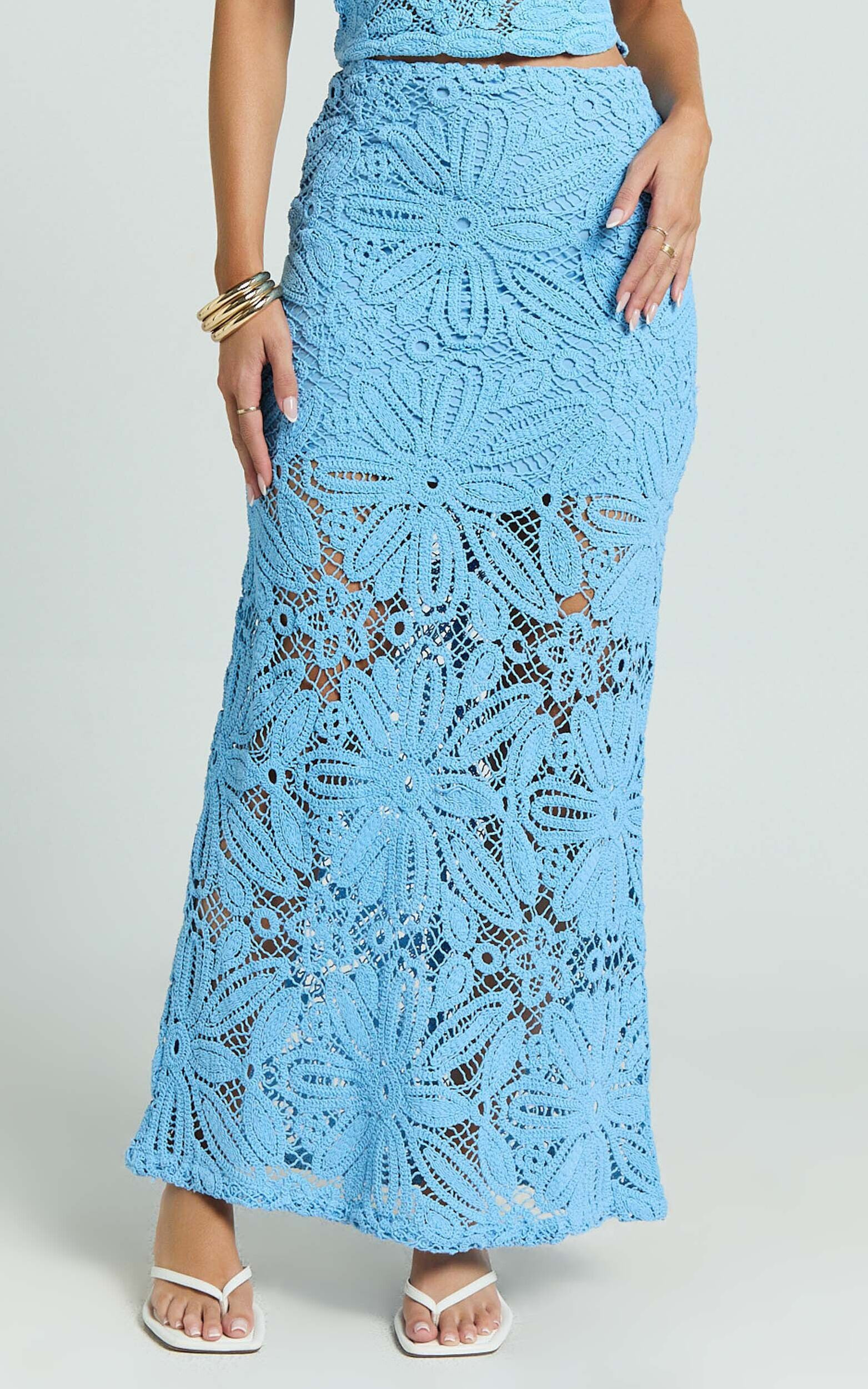 Charlene Maxi Skirt - Crochet Fit And Flare Skirt in Blue | Showpo (US, UK & Europe)