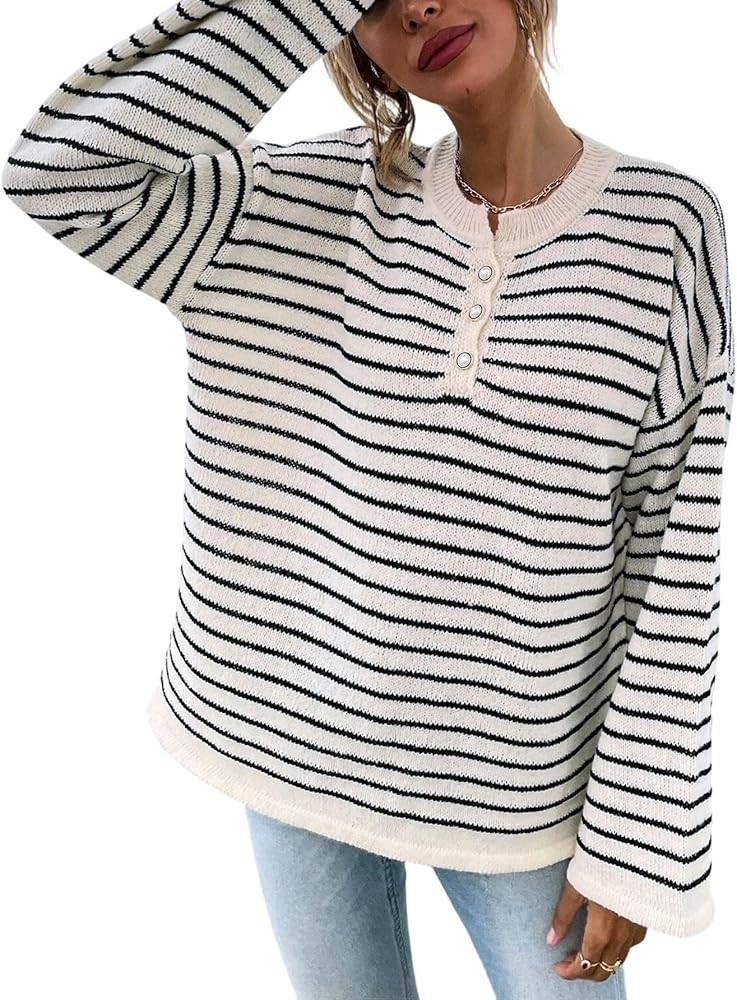 SHENHE Women's Oversized Striped Sweaters Long Bell Sleeve Buttons Up Ribbed Knit Henley Tops Win... | Amazon (US)