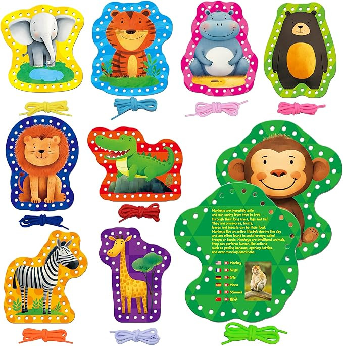 SpriteGru 9 PCS Kids Lacing Cards, 9 Double Sided Wild Animals Sewing Cards with 9 Colorful Laces... | Amazon (US)