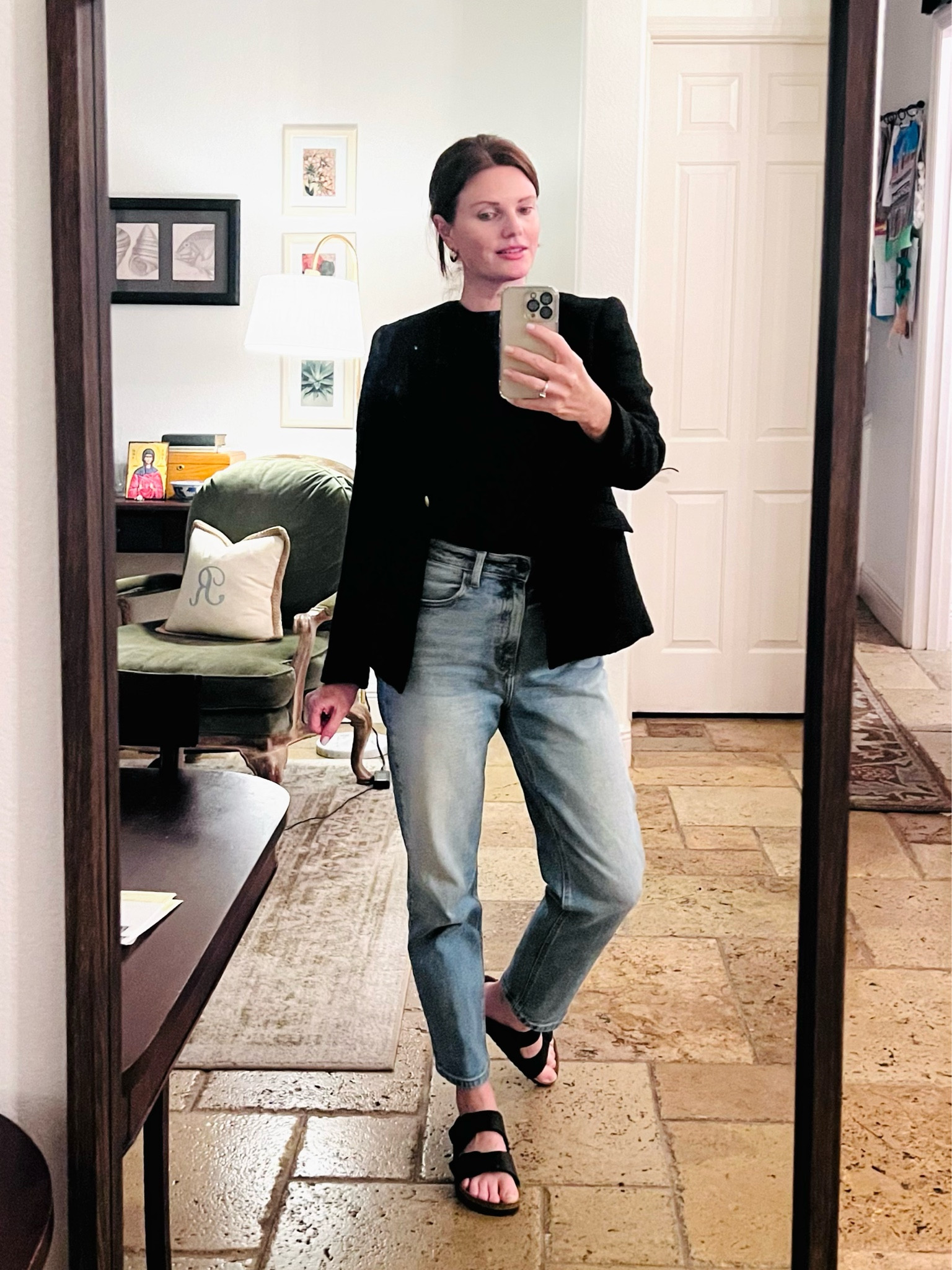 Another casual winter outfit with a blazer. I love this simple black tweed blazer paired with relaxed fit jean, a simple black tee shirt, and Birkenstocks. 

#LTKfindsunder50 #LTKstyletip #LTKover40