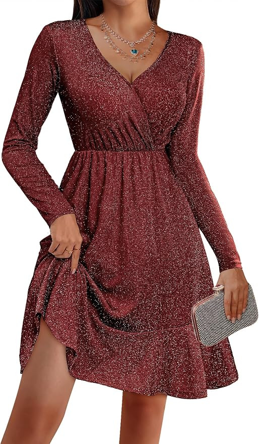 Zeagoo Long Sleeve Womens Glitter Dress Wrap V Neck Swing Club Cocktail Party Dresses Sequin Spar... | Amazon (US)