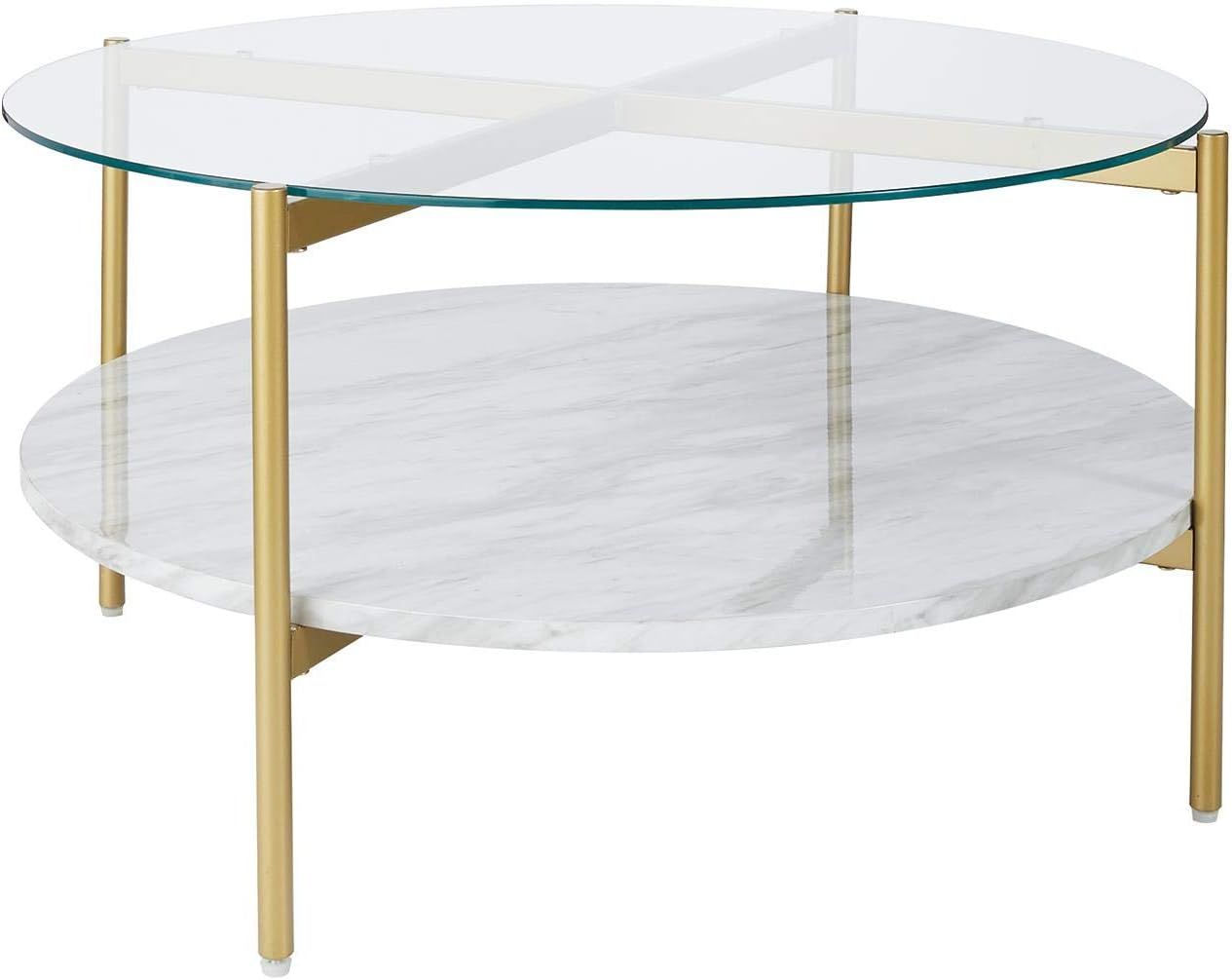 Signature Design by Ashley - Wynora Round Glass Top Coffee Table w/ Fixed Shelf, White Faux Marbl... | Amazon (US)