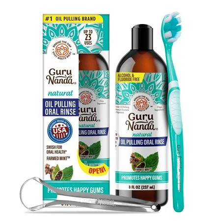 GuruNanda CocoMint Oil Pulling Natural Mouthwash with Essential Oils & Vitamins D3,E,K2 - Toothbrush & Tongue Scraper - 8 oz | Walmart (US)