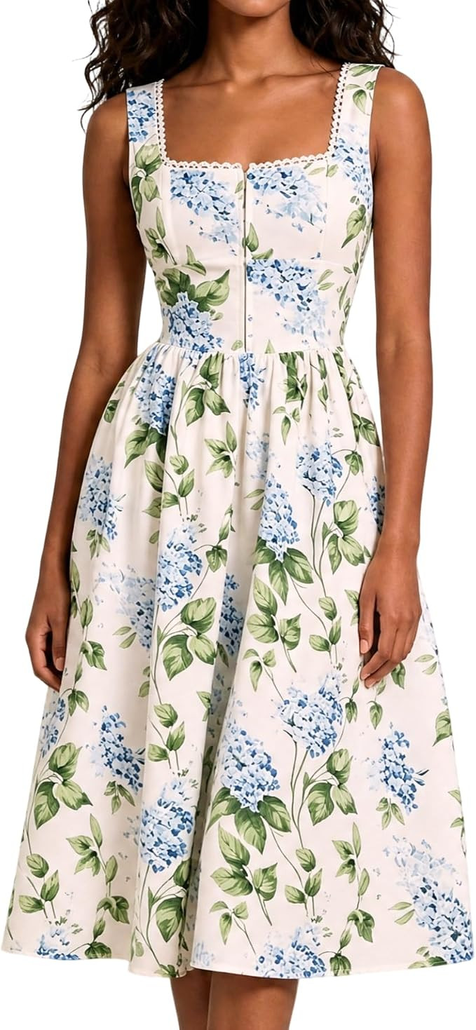 RIHOAS Women's Floral Midi Sundress Square Neck A Line Summer Dresses for Wedding Guest Tea Garde... | Amazon (US)