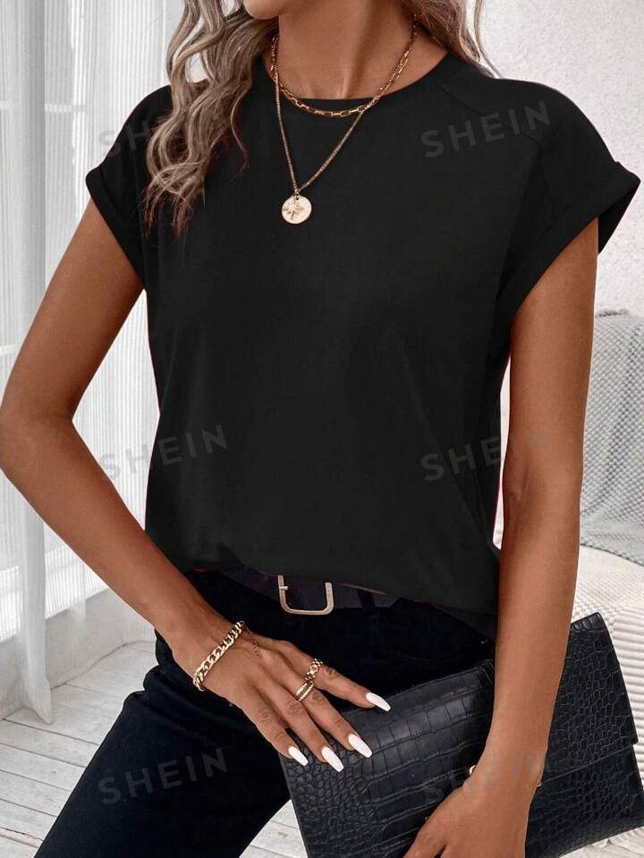 SHEIN LUNE Women's Summer Round Neck Batwing Sleeve Comfortable T-Shirt With Folded Cuffs | SHEIN