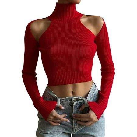 Genuiskids Women Cold Shoulder Crop Sweater Sexy Slim Fit Long Sleeve Cut Out Turtleneck Knit T-shir | Walmart (US)