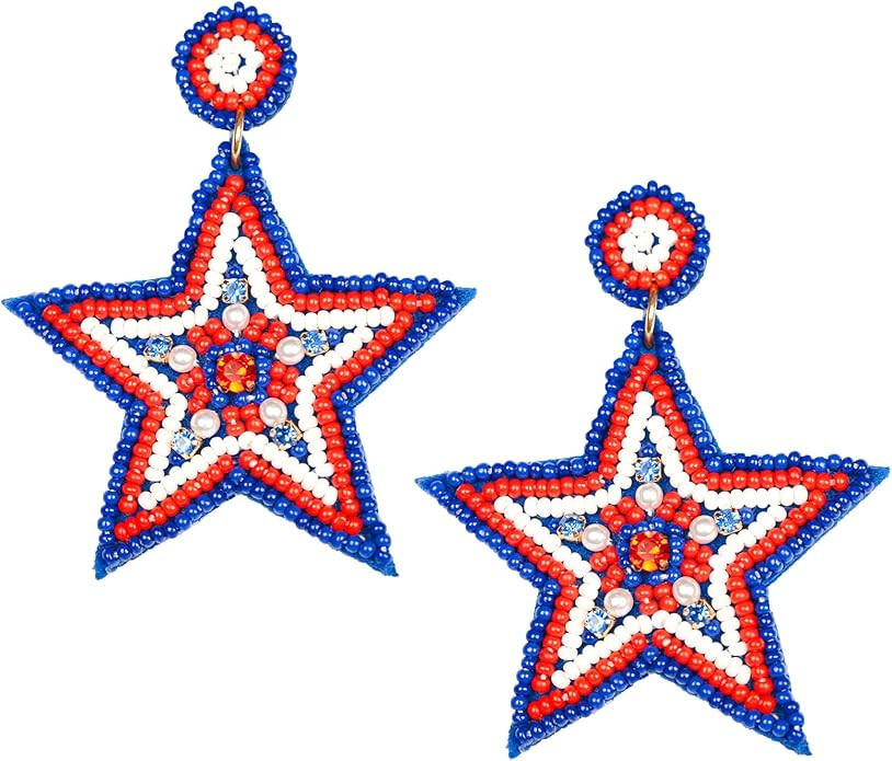 4th of July Earrings, Handmade Beaded Patriotic Earrings for Women, Star American Flag Dangle Dro... | Amazon (US)