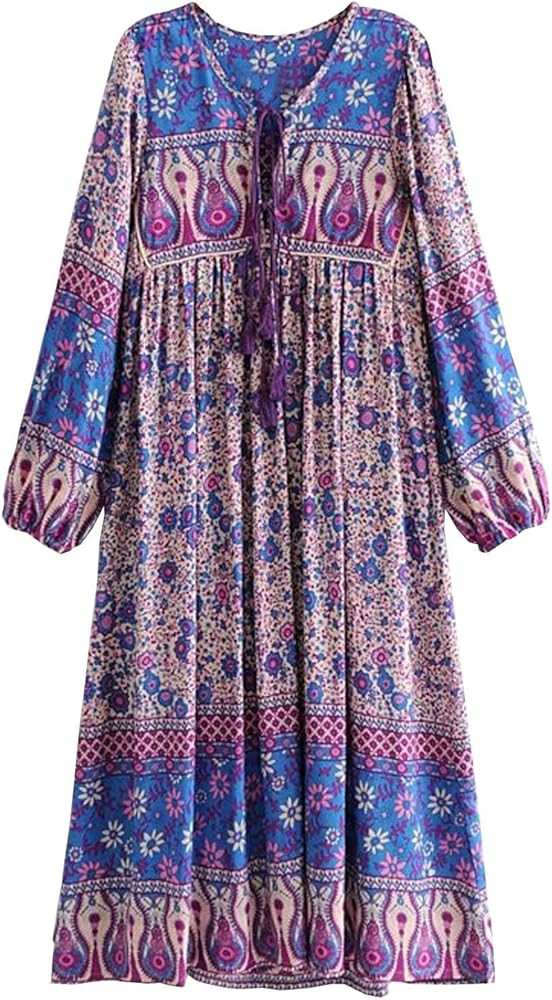R.Vivimos Women's Long Sleeve Floral Print Retro V Neck Tassel Bohemian Midi Dresses | Amazon (US)