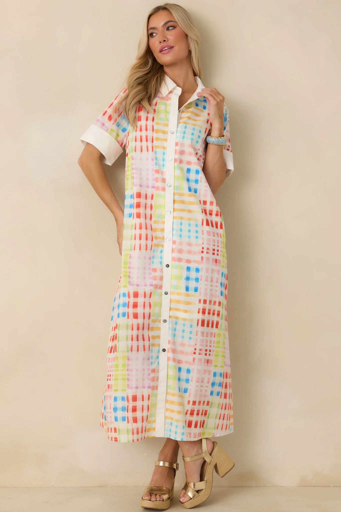 Fresh Palette Multi Color Cotton Check Button Front Maxi Shirt Dress | Red Dress