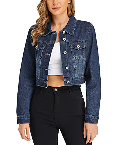 PEIQI Women’s Cropped Jean Denim Jacket Button Down Long Sleeve with Pockets | Amazon (US)