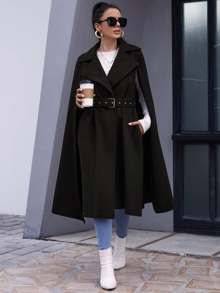 Solid Lapel Neck Belted Cape Overcoat | SHEIN