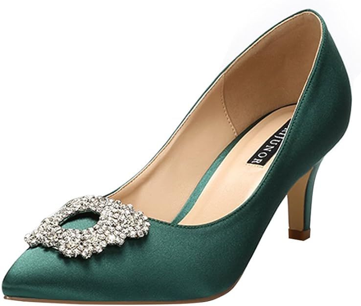 ERIJUNOR Women's Pumps Low Heel Rhinestone Brooch Satin Evening Dress Wedding Shoes | Amazon (US)