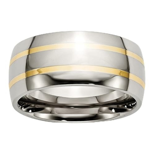 Mens 10mm Polished Titanium Wedding Band with Dual 14K Yellow Gold Inlays Domed Two Tone Comfort Fit Durable Flat Edge Modern Anniversary Mens Jewelry Scratch Resistant Wide Commitment Ring Size 9 | Amazon (US)