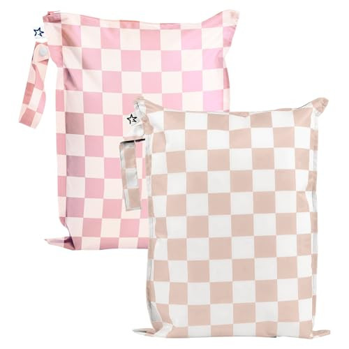 Tiny Twinkle Mess Proof Wet Bags | 2-Pack Reusable Waterproof Wet Bags for Swimsuits | Baby Clothes | Travel & Diaper Bag (Pink, Brown Checkers) | Amazon (US)