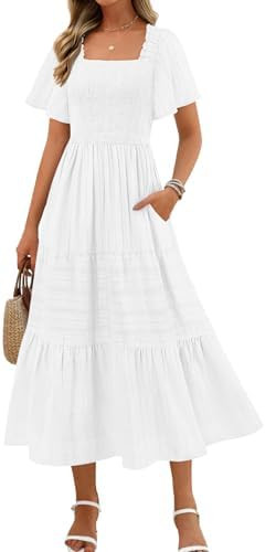 MEROKEETY Women's 2026 Summer Flowy Midi Maxi Dress Short Sleeve Square Neck Smocked Tiered Ruffl... | Amazon (US)