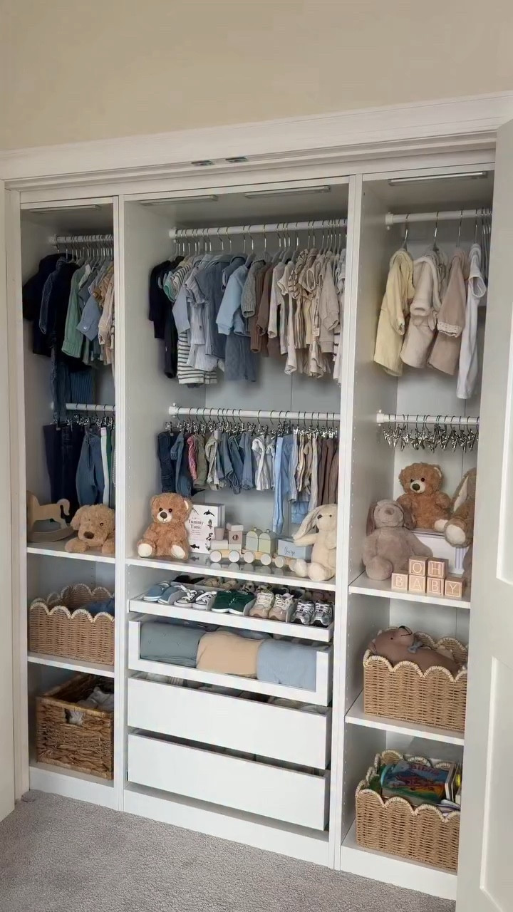 Organizing his closet & already planning his tiny outfits 🥹truly everything 🤍 I’m obsessed with how it all looks together!!🧸🍼 #pregnant #babynursery #babyroom #babycloset #nesting