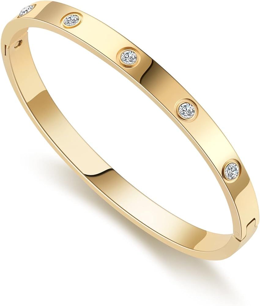 RIMRIVA Gold Bracelets for Women 14K Gold Plated Friendship Love Bangle Bracelets Cubic Zirconia ... | Amazon (US)