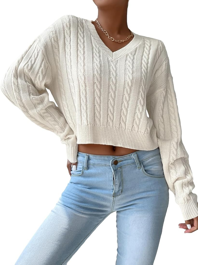 Verdusa Women's Drop Shoulder V Neck Sweater Jumper Long Sleeve Knit Pullover | Amazon (US)