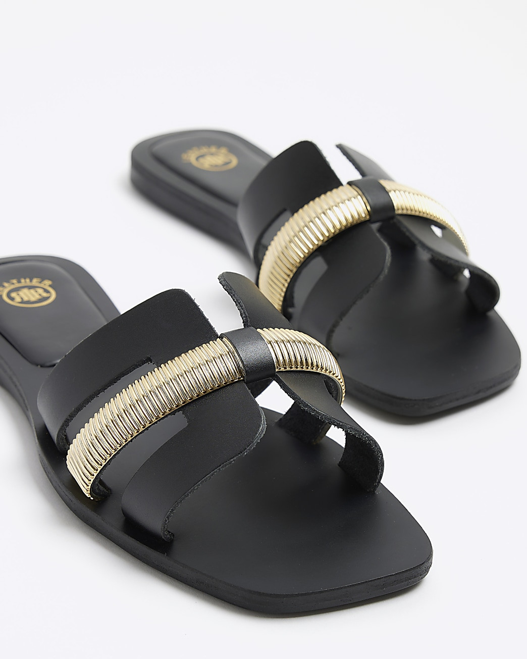 Black wide fit leather flat sandals | River Island (UK & IE)