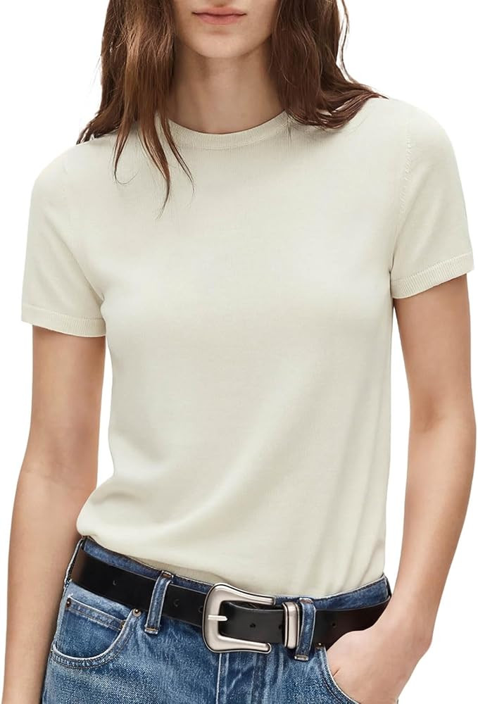 SUUKSESS Women Silk Cashmere Blend Crew Neck Short Sleeve Sweaters Casual Blouse | Amazon (US)