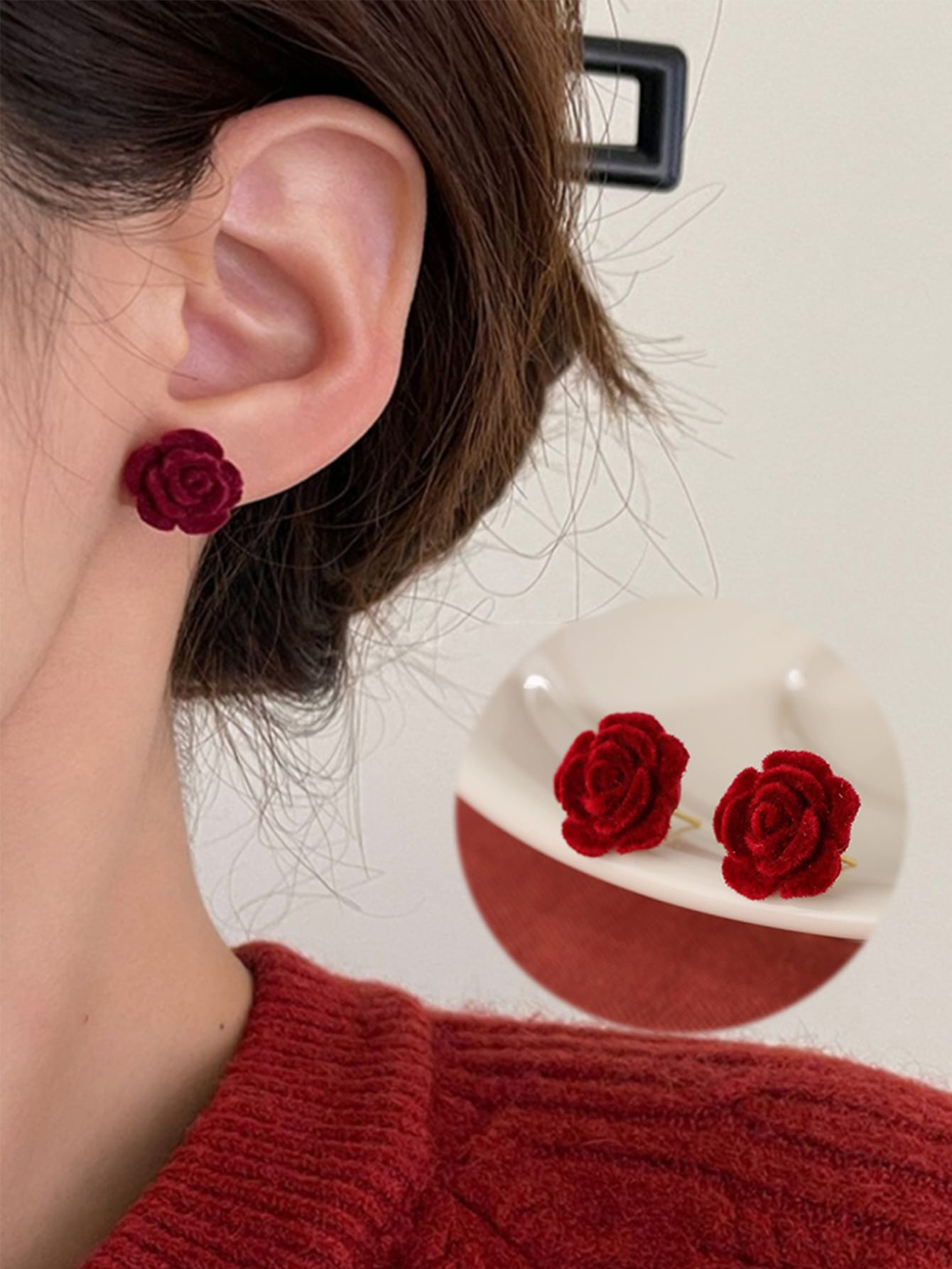 1pair Velvet Stud Earrings With Tassel And Red Rose Design, Luxurious And Elegant Ear Accessory F... | SHEIN
