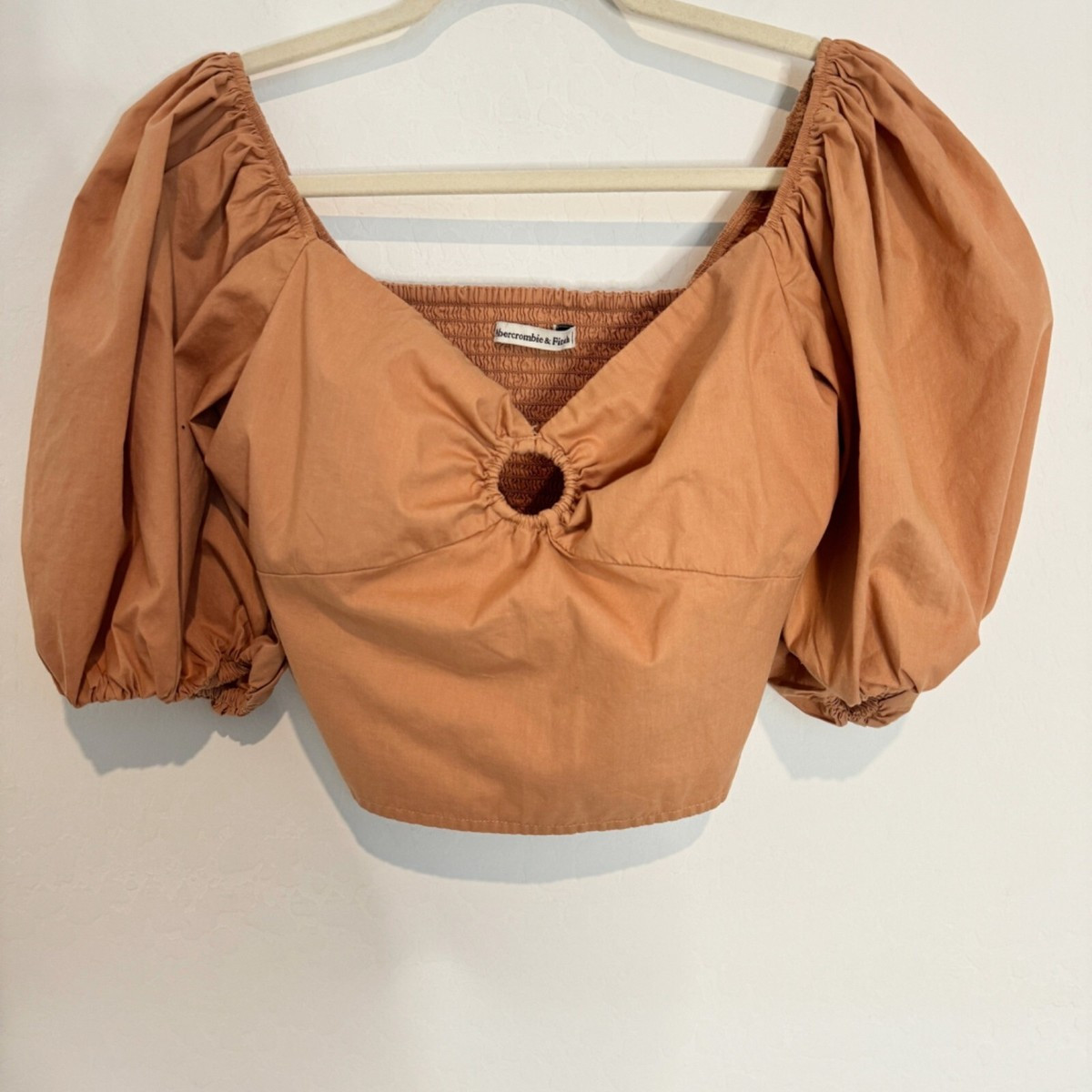 Abercrombie O-Ring Puff Sleeve Sweetheart Neck Smocked Cropped Blouse Top Small | eBay US