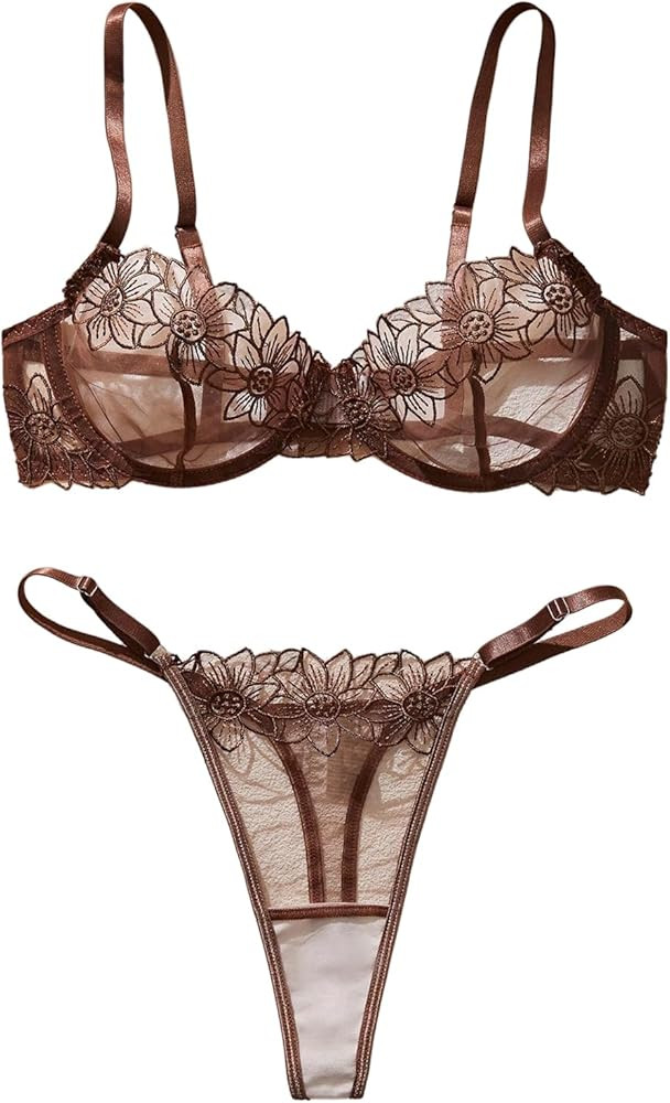 MakeMeChic Women's 2 Piece Lingerie Sets Floral Embroidery Mesh Sheer Bra and Panty Summer Set | Amazon (US)