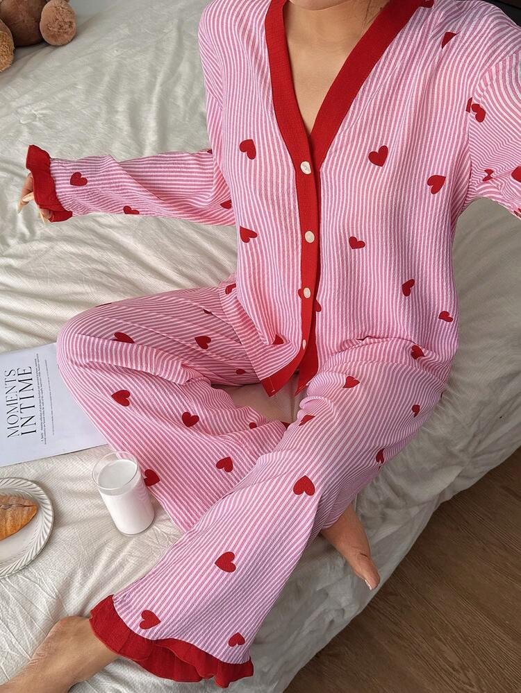 SHEIN Women's Pink Striped Heart Patchwork Top & Pants Pajama Set, Winter Clothes | SHEIN