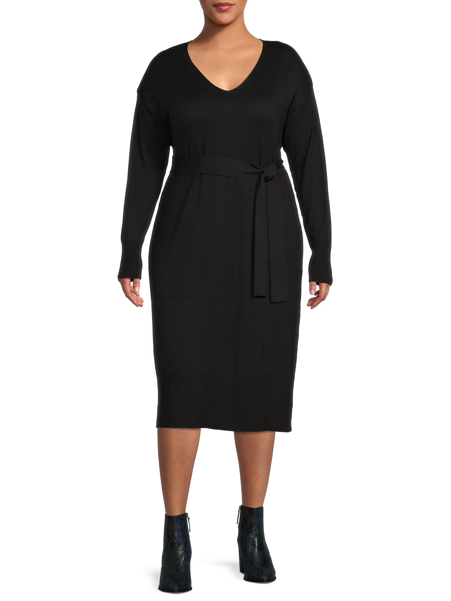 Terra & Sky Women's Plus Size Belted Sweater Dress - Walmart.com | Walmart (US)
