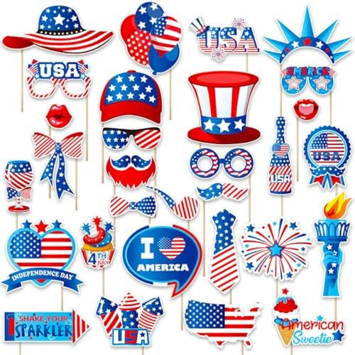 Independence Day Photo Booth Props with Sticks,4th of July Photo Booth Props,Patriotic Party Deco... | Amazon (US)
