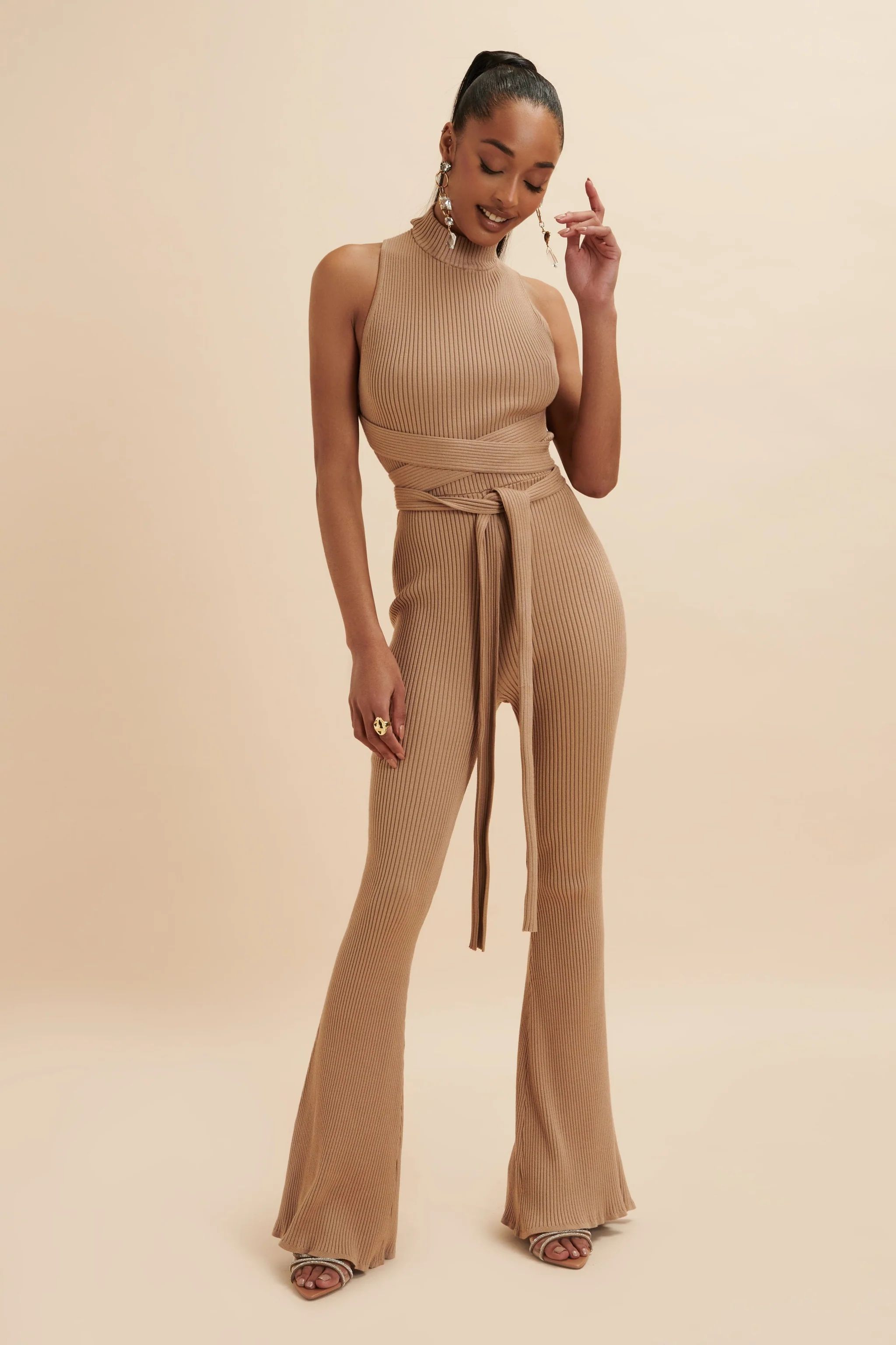 TAMARA Knitted Ribbed Open Back Jumpsuit In Camel | Lavish Alice Retail Ltd