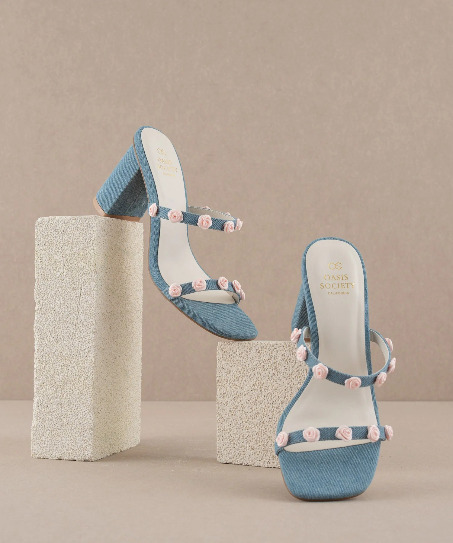 The Nia | Denim Rosette Adorned Heel | Oasis Society