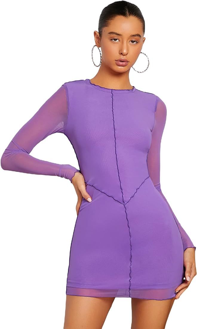 Floerns Women's Contrast Mesh Long Sleeve Lettuce Trim Bodycon Mini Dress | Amazon (US)