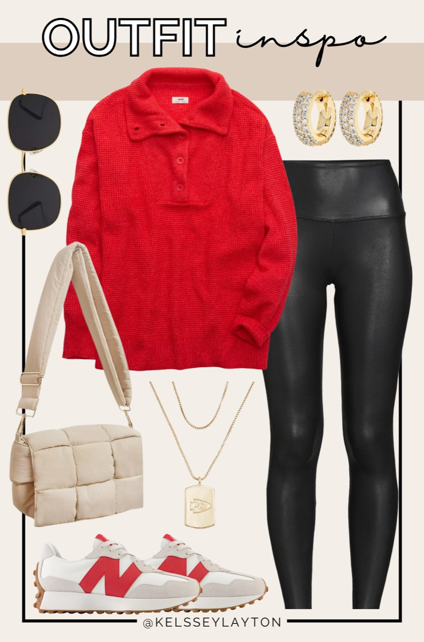 Outfit idea, aerie pullover, red sweater, faux leather leggings, Walmart fashion, time and tru, red new balance sneakers, quilted bag, Kansas City chiefs 

#LTKFindsUnder50 #LTKSaleAlert #LTKSeasonal