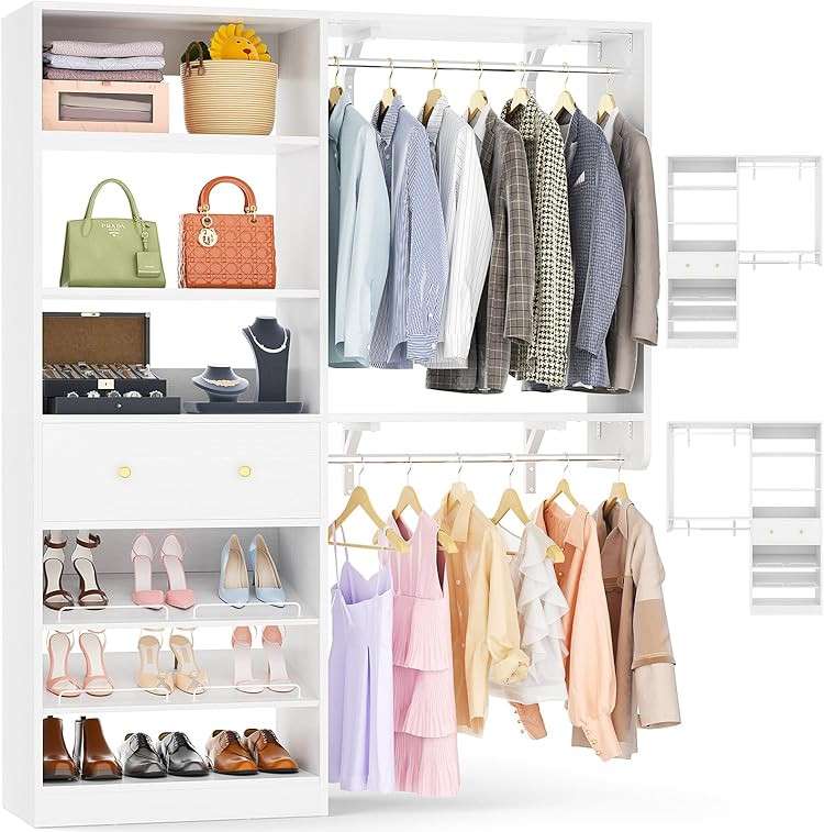 5FT Small Closet System with Drawers, 60" Closet Organizer System with Reversible Hanging Shelving, Closet Systems for... | Amazon (US)