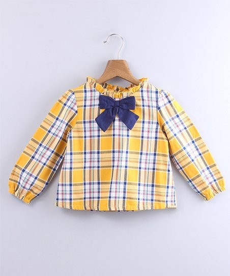 Yellow & Blue Plaid Bow-Accent Long-Sleeve Top - Newborn, Infant, Toddler & Girls | Zulily