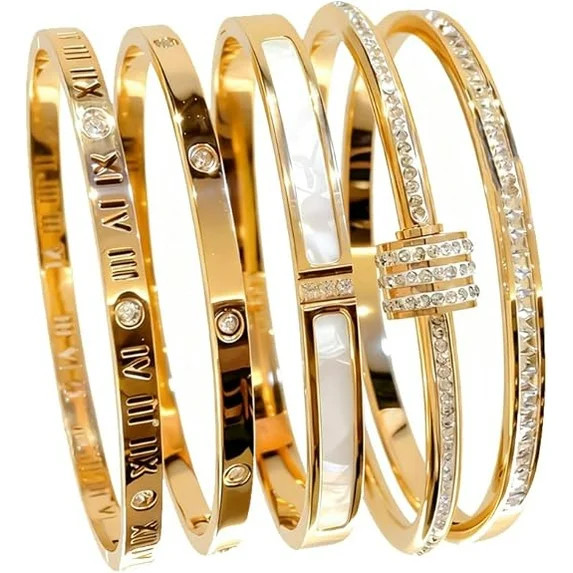 5-Piece Elegant Stainless Steel Bracelet Set, Non Tarnish Bangle, Fashionable Classic Design, Gol... | Walmart (US)
