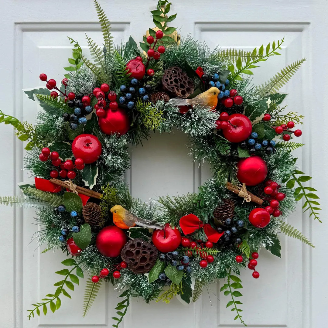 Artificial Christmas Wreath for Front Door With Red and Blue Winter Berries, Natural Pinecones & ... | Etsy (US)