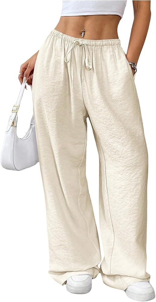 SHENHE Women's Wide Leg Low Rise Pants Drawstring Elastic Waist Casual Loose Trousers | Amazon (US)