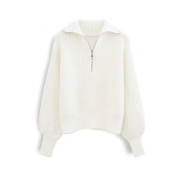 High Zipper Collar Knit Sweater in White | Chicwish