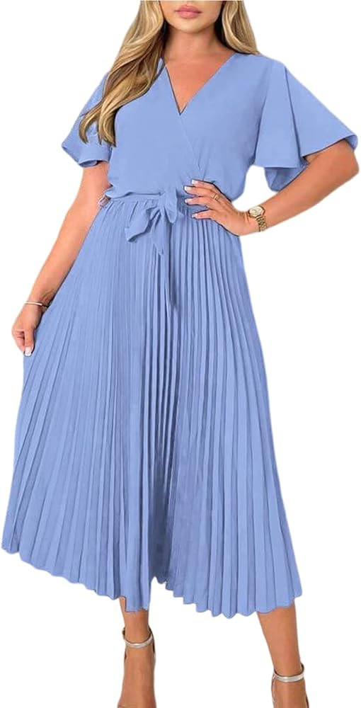 PRETTYGARDEN Women's Wrap V Neck Satin Dress Ruffle Short Sleeve Tie Waist Midi Dress Pleated A-Line | Amazon (US)